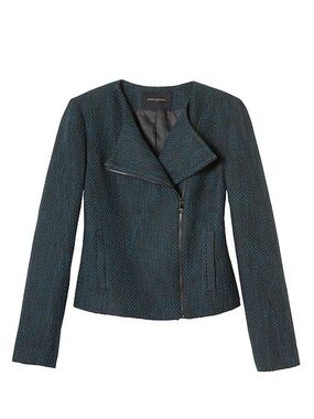 Banana Republic Teal-Blend Tweed Asymmetrical Zip Jacket